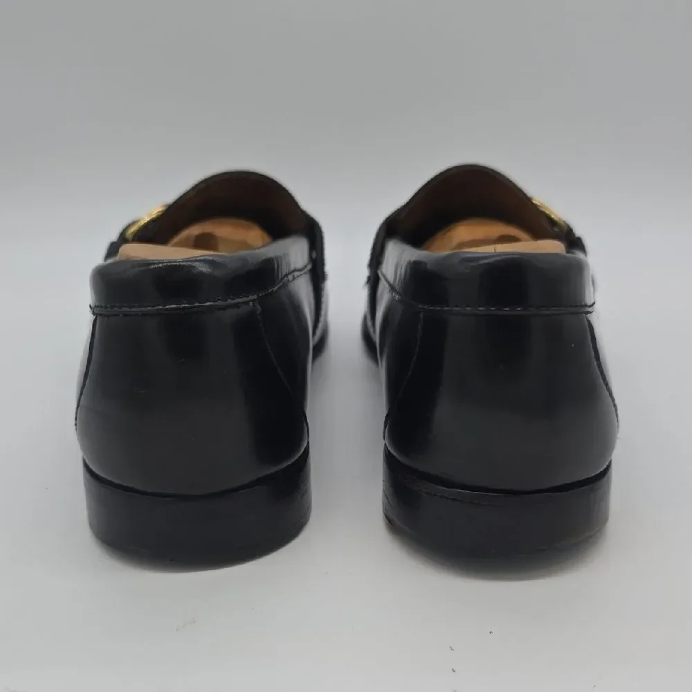 Cole Haan Black Leather Kiltie Loafers with Gold Buckle